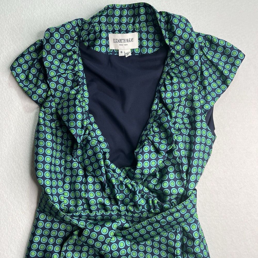 Elizabeth McKay Dress Green & Blue Silk Circle Print Wrap Around sz 6 - Picture 3 of 12